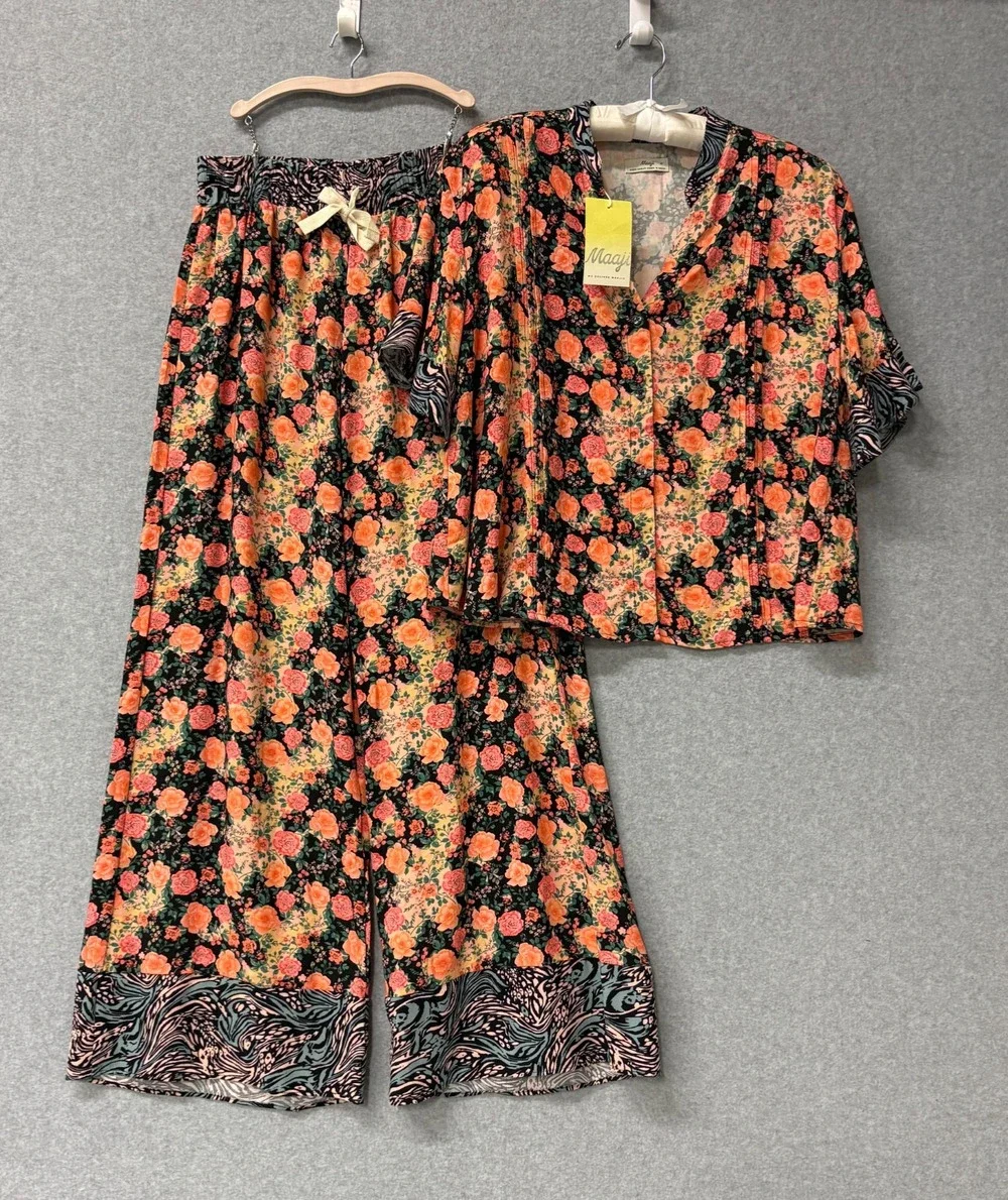 Maaji Anais Floral Pajama Set Viscose Wide Leg Pants Flutter Sleeve Medium NWT
